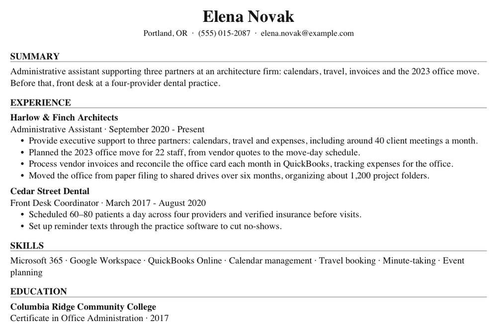 Elena Novak's resume after tailoring to the Executive Assistant posting, page one