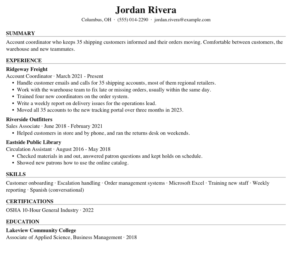 A fictional example resume in the Classic template