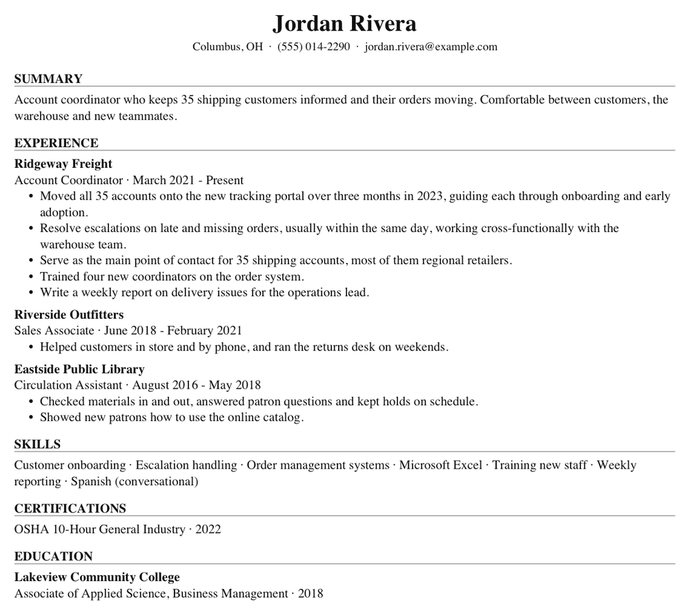 A fictional example resume, tailored, as the app exports it