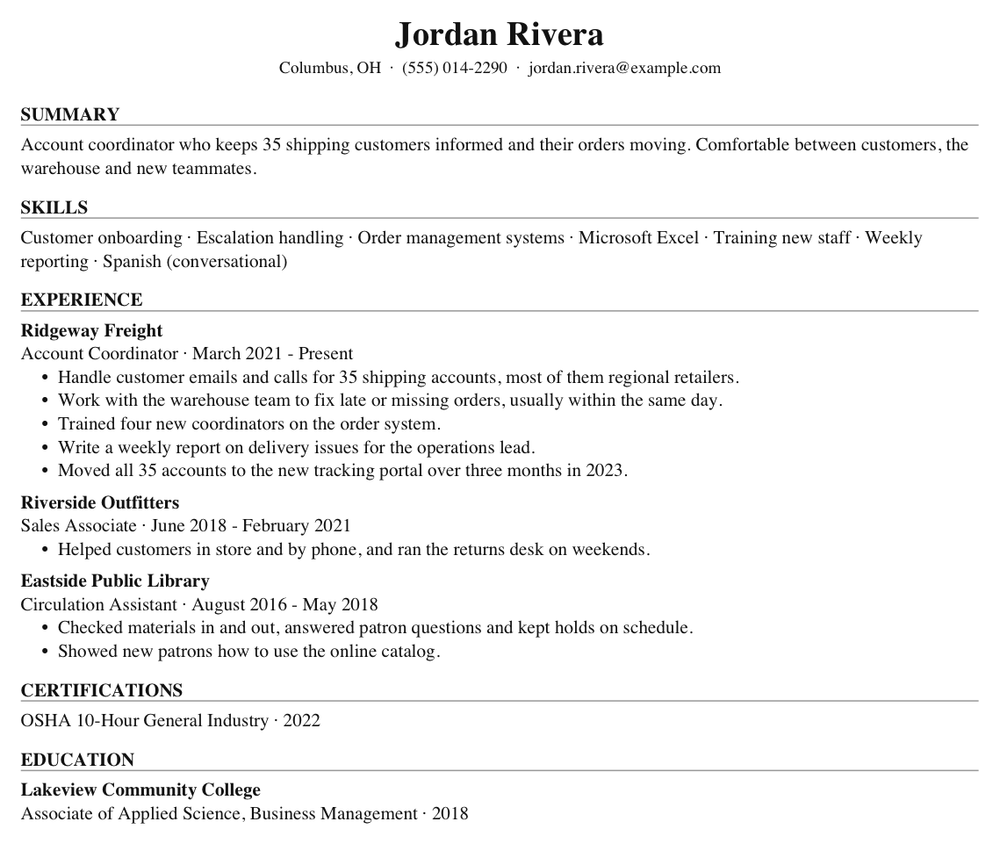 A fictional example resume in the Technical template