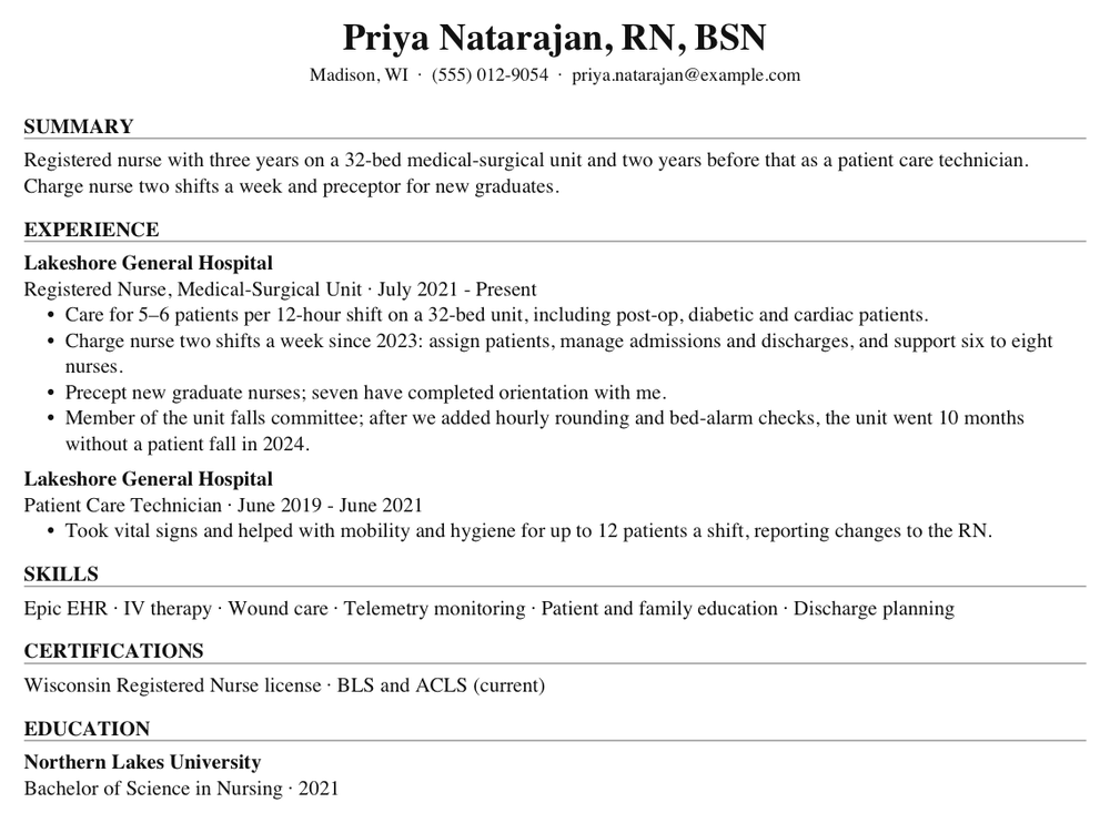 Priya Natarajan's resume before tailoring, page one