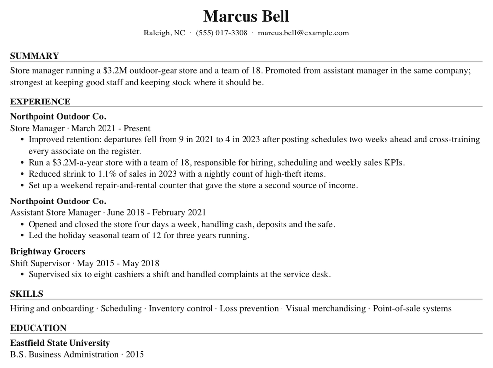 Marcus Bell's resume after tailoring to the District Manager in Training posting, page one