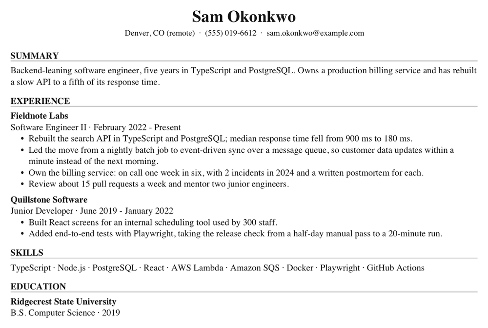 Sam Okonkwo's resume before tailoring, page one