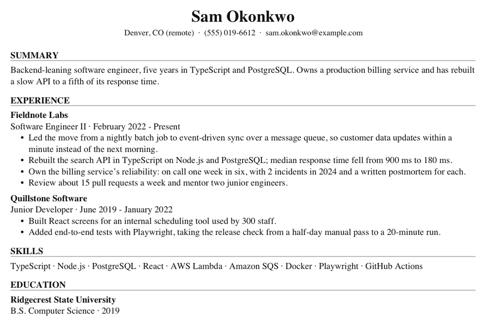 Sam Okonkwo's resume after tailoring to the Backend Engineer, Platform posting, page one